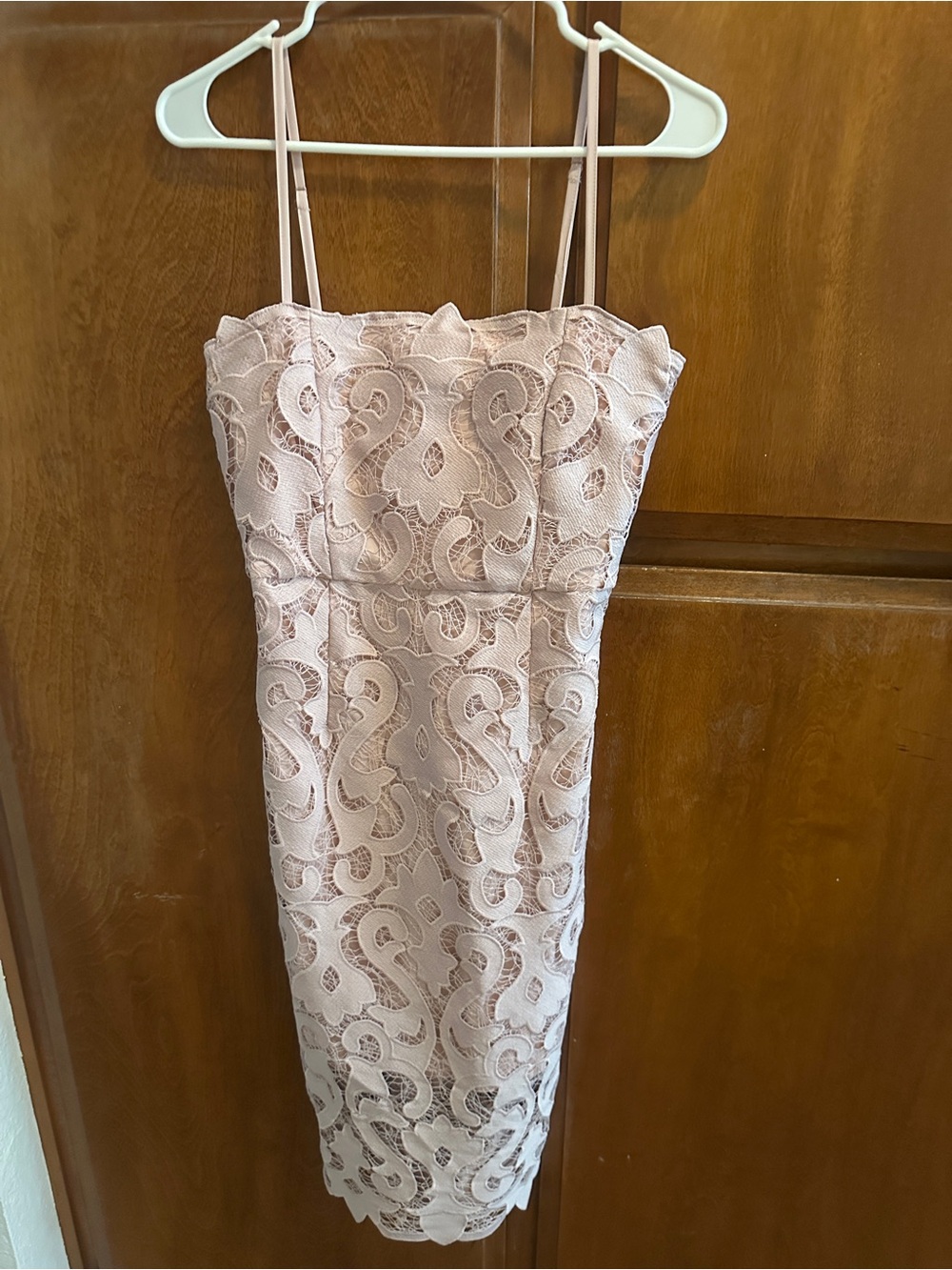 Bardot Blush Lace Spaghetti Strap Midi Cocktail Dress Wedding Guest Party